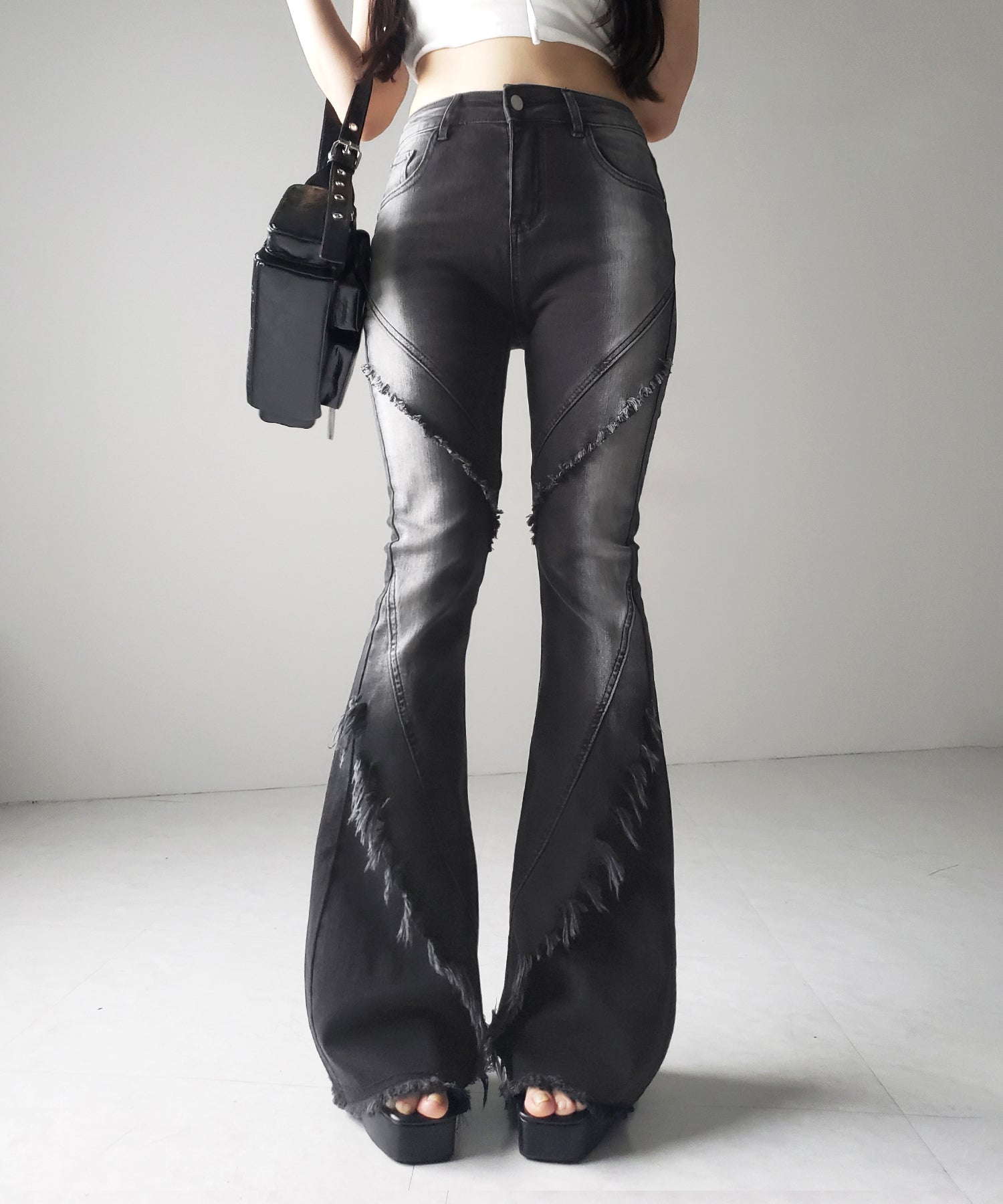 【 2color / 4size 】フリンジデザインヴィンテージライクストレッチフレアデニム / fringe design vintage-like stretch flare denim