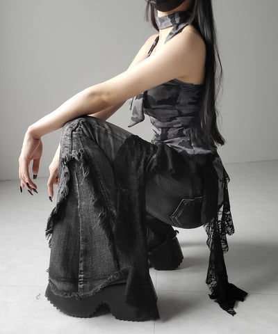 チョーカーロングタイ付き ヴィンテージカモフラレースフリルベアトップス / ( choker long tie SET ) vintage camouflage lace frill bare tops