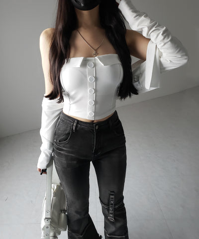 【 2点セット 】フロントボタンベアトップ + クロップドカットソーカーディガン SET / front button bare top + cropped cutsaw cardigan SET