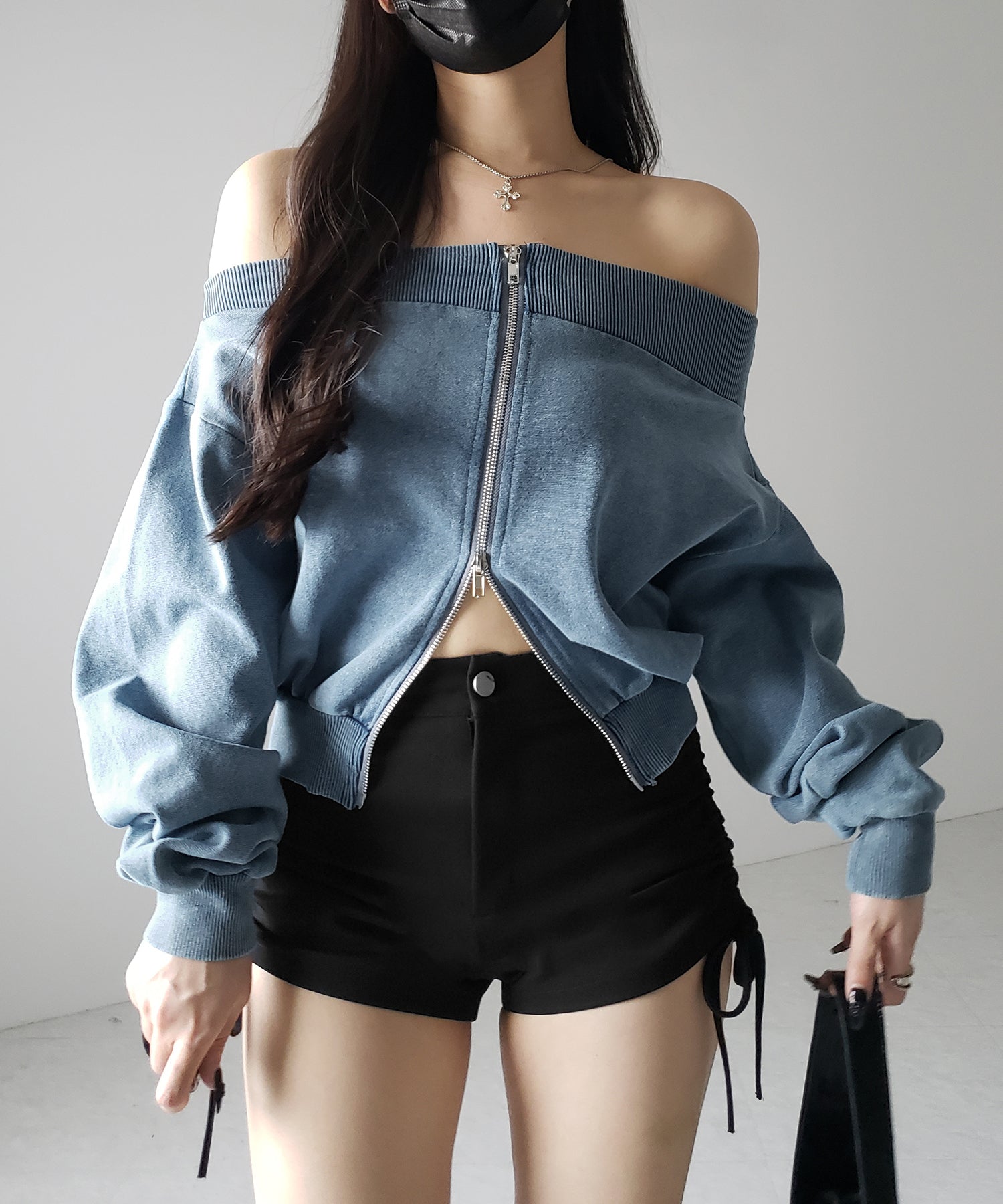 【 2color 】ダブルジップピグメントオフショルスウェットトップス / double zip pigment off shoulder sweat tops