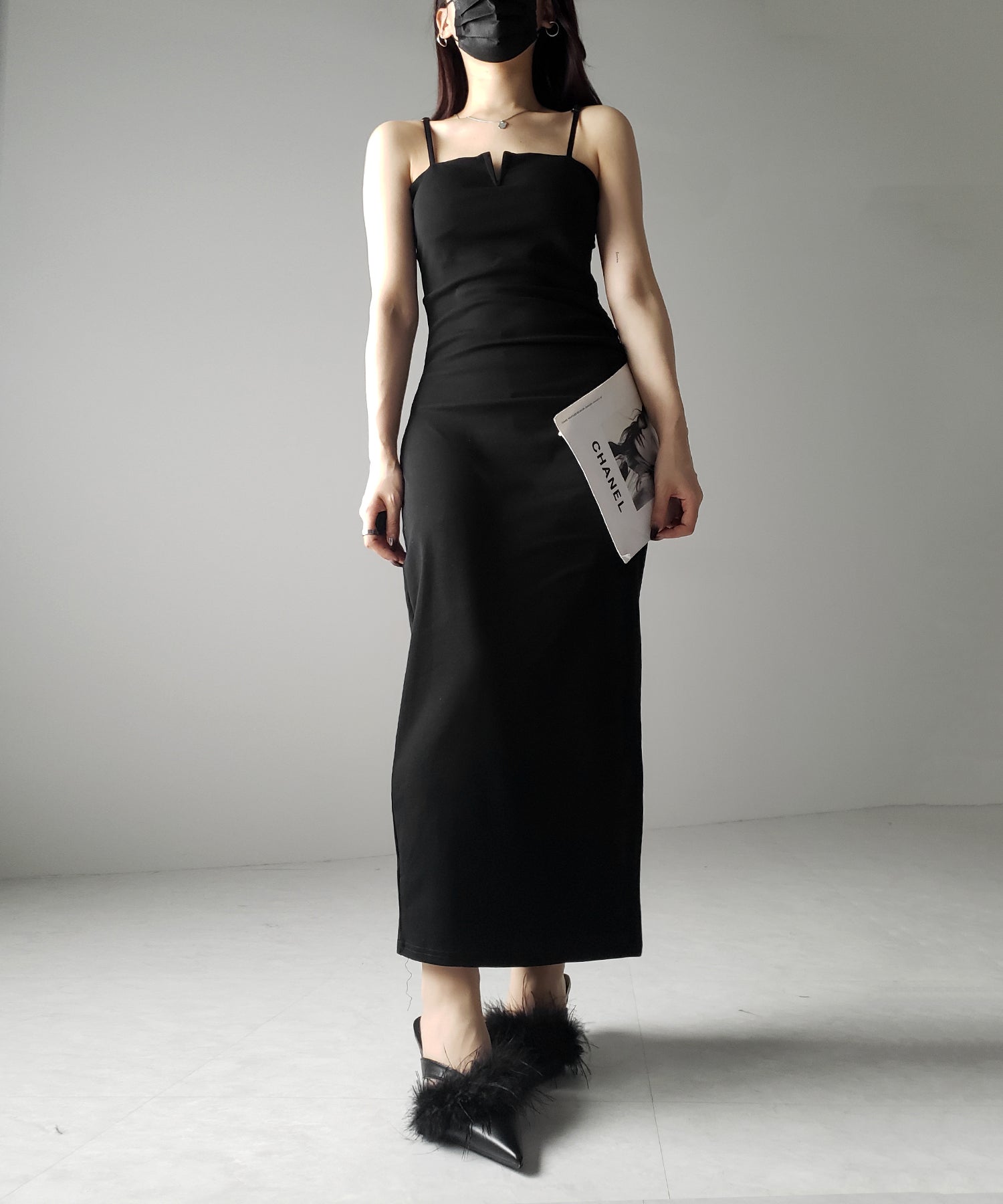 【 パッド付き 】バックストラップサイドシャーリングスリットロングキャミワンピース / back strap side shirring slit long cami onepiece