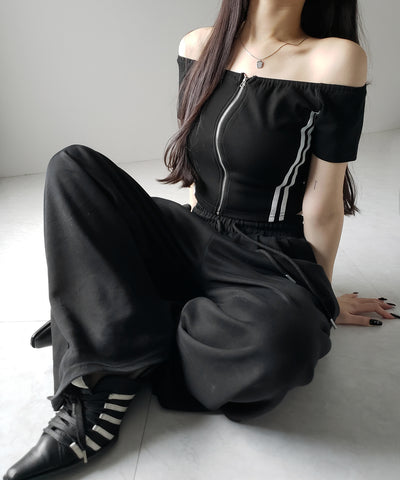ジップアップオフショルサイドラインTシャツ / zipup off shoulder sideline T-shirt