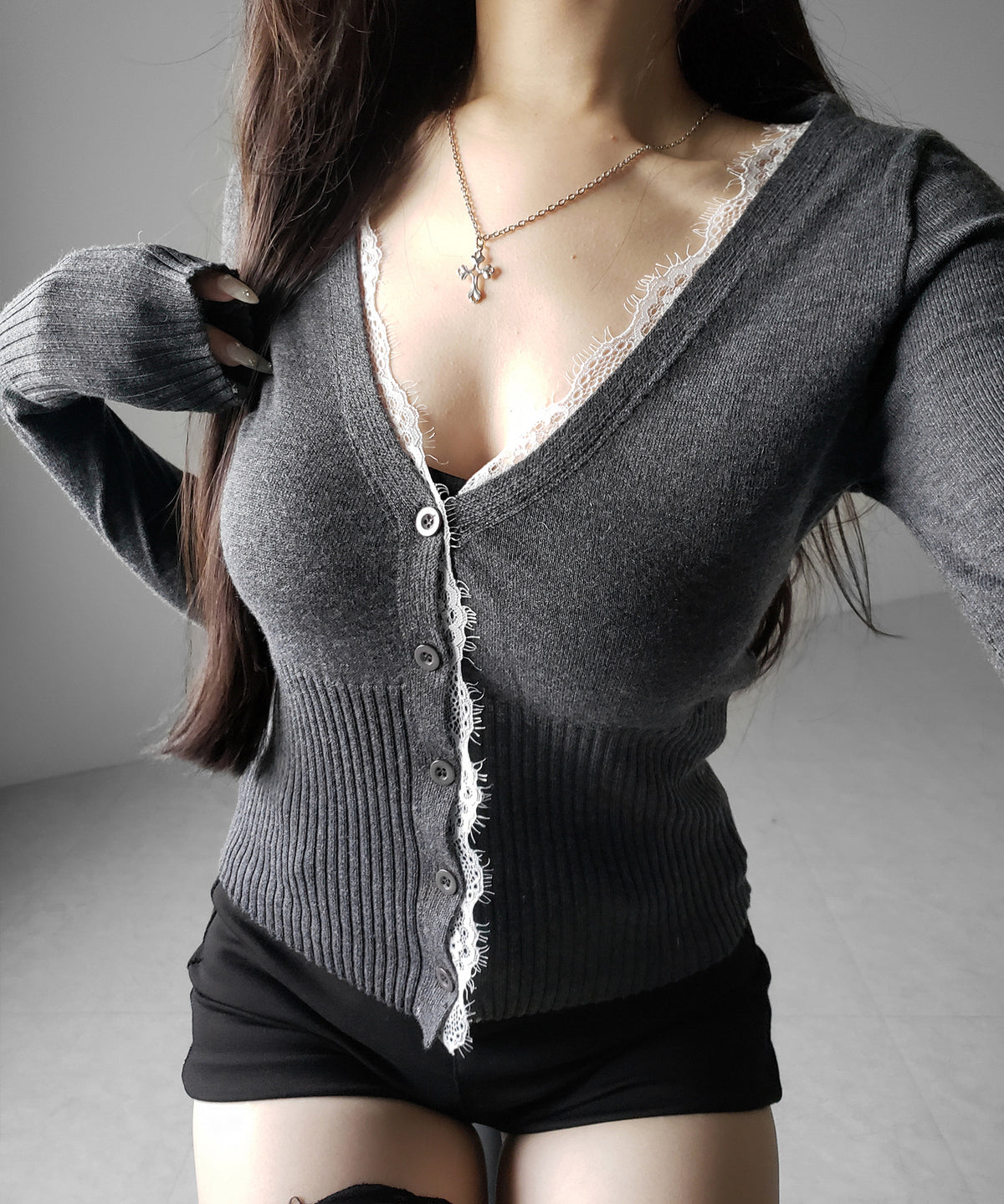 レースドッキングウエストリブ長袖ニットカーディガン / lace docking waist lib longsleeve knit cardigan