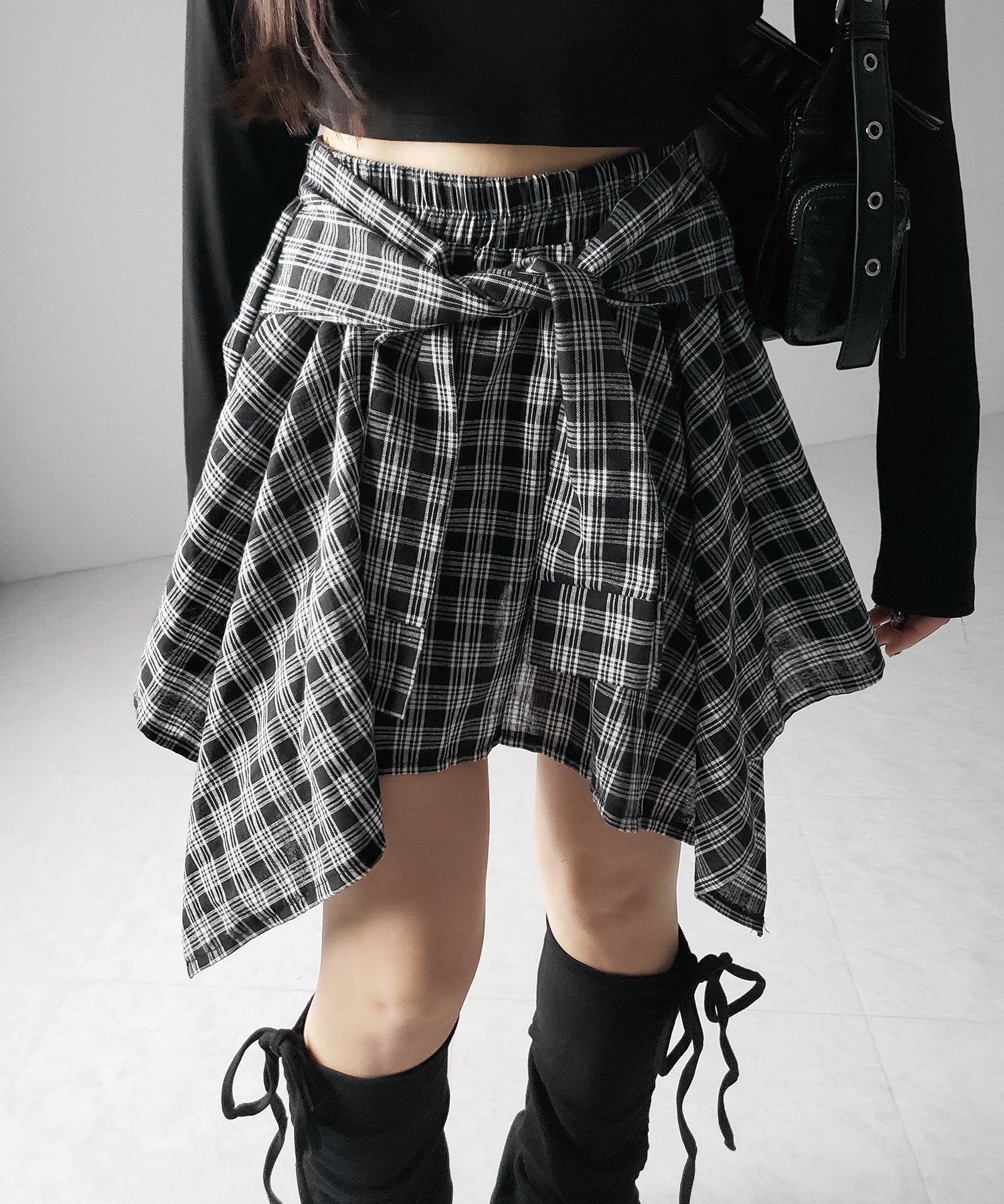 【 選べる2素材/インナーパンツ裏地付 】シャツレイヤードチェックミニスカート / shirt layered check mini skirt