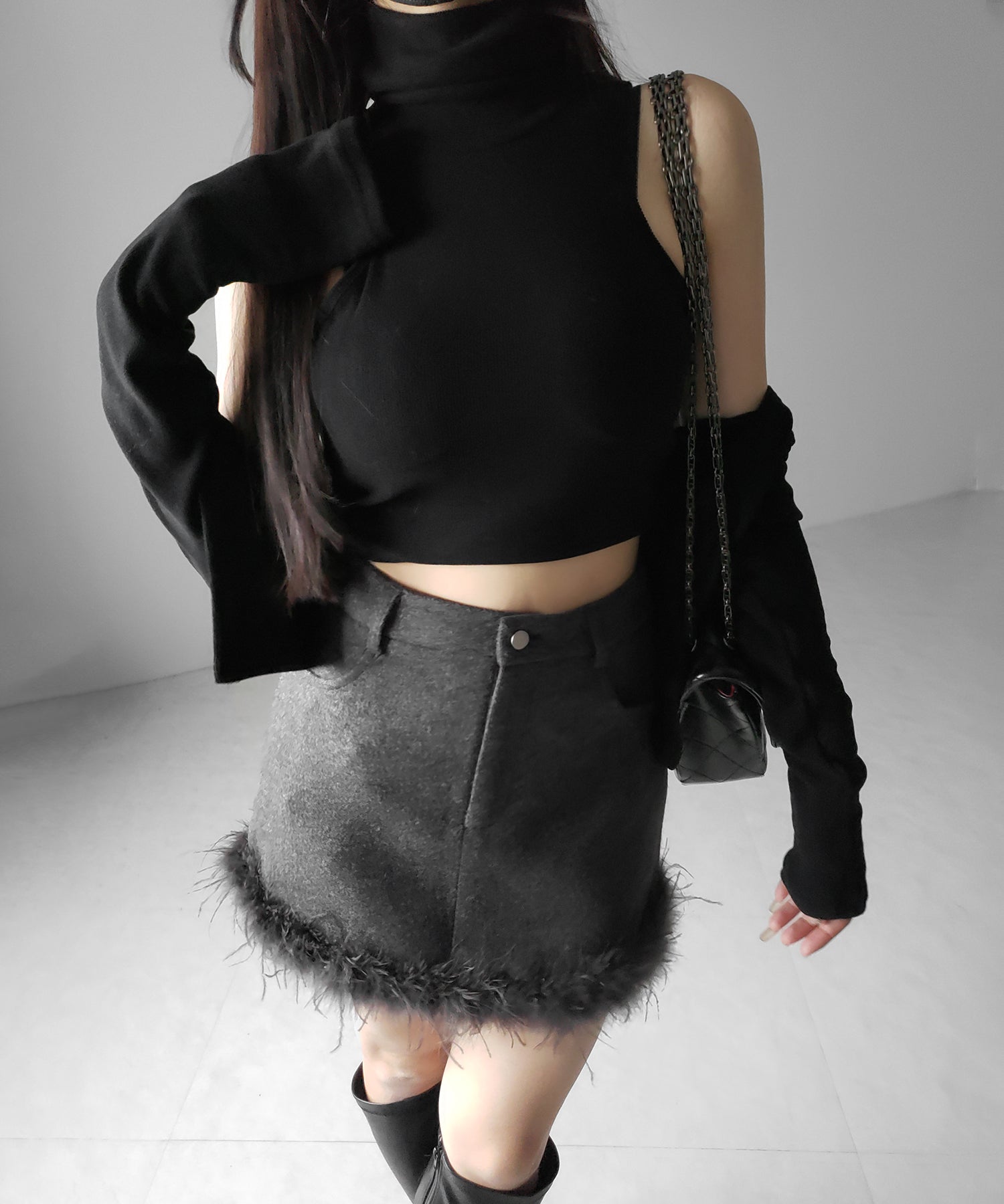 【 インナーパンツ裏地付 】ファードッキングウールライクレディミニスカート / fur docking woollike lady mini skirt