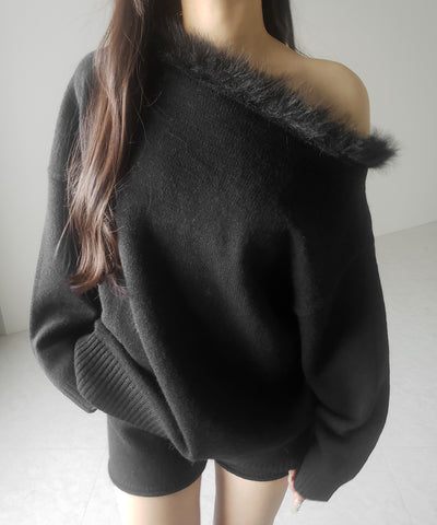 【 ニットセットアップ 】フェイクファーワンショルオーバーニット + ニットショートパンツ SET / fake fur one-shoulder over knit + knit short pants SET