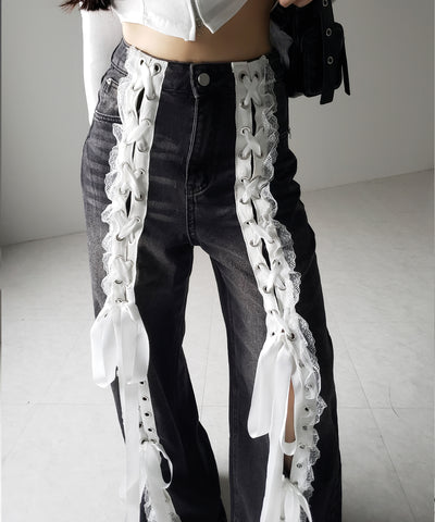 サテンリボンレースアップワイドデニムパンツ / satin ribbon lace up wide denim pants