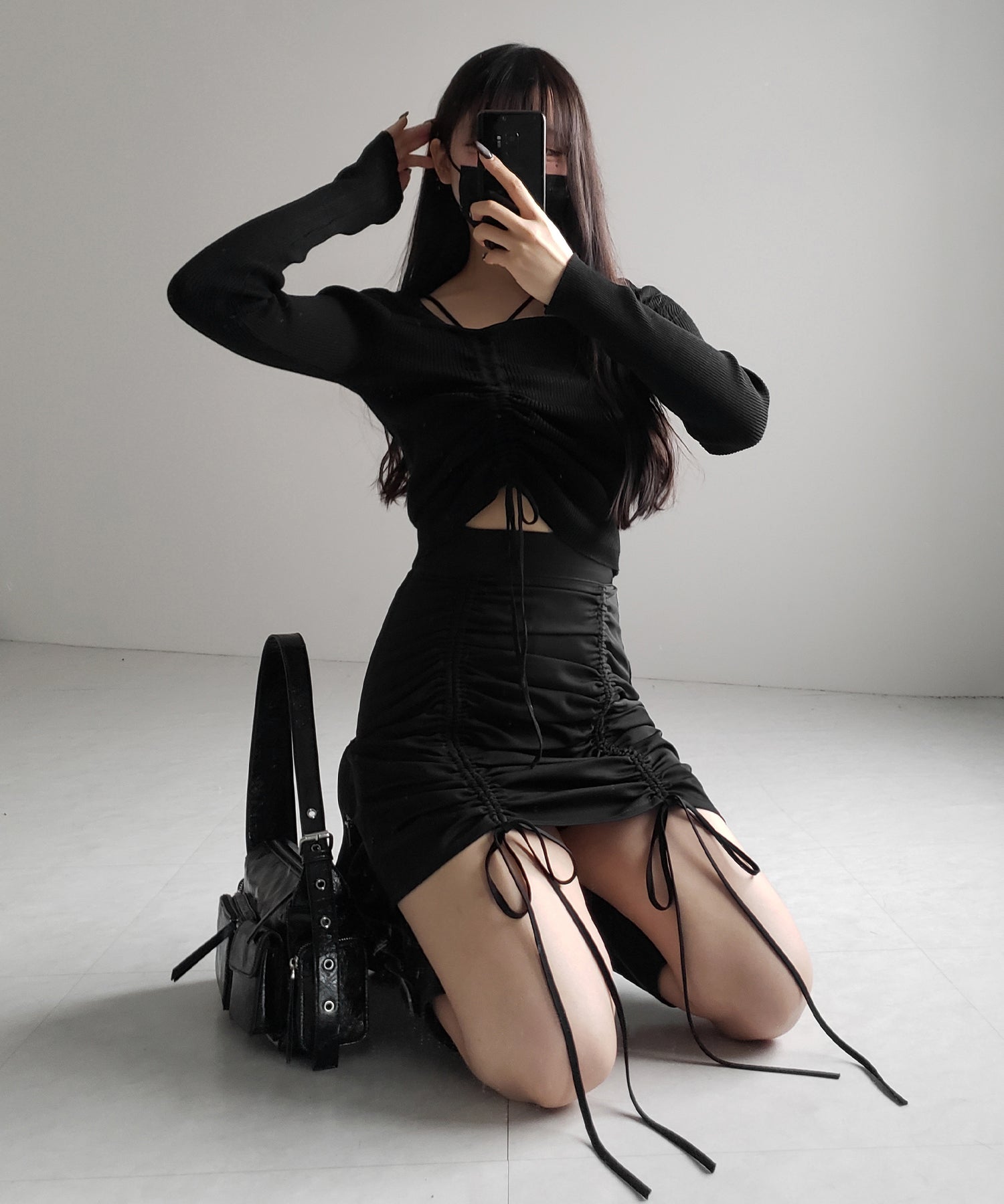 ダブルストラップシャーリングリボンリブニットトップス / double strap shirring ribbon ribbed knit tops