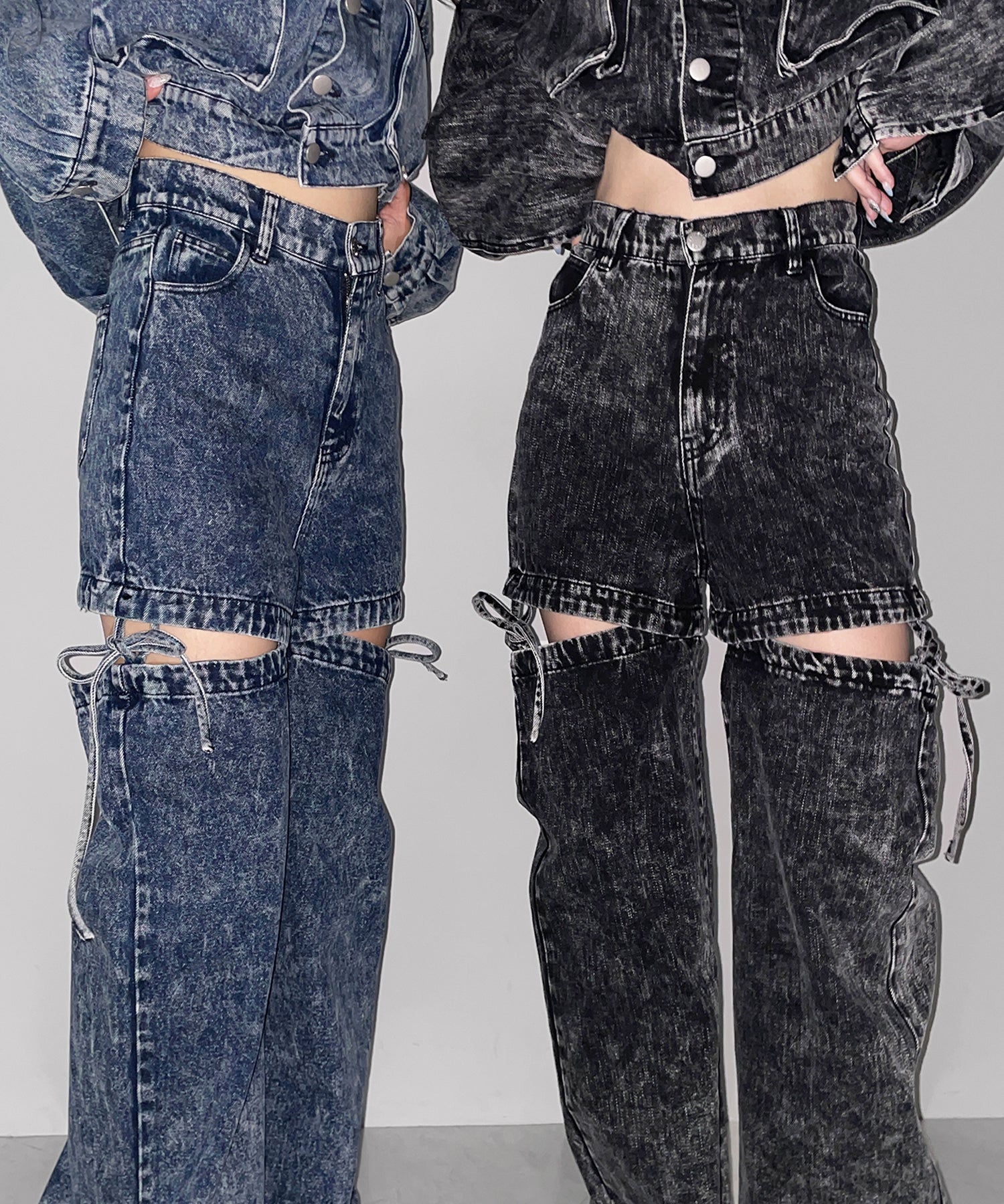 【 セットアップ着用可能 】2WAYヴィンテージケミカルブリーチカットアウトリボンデニム / 2WAY vintage chemical bleach cutout ribbon denim