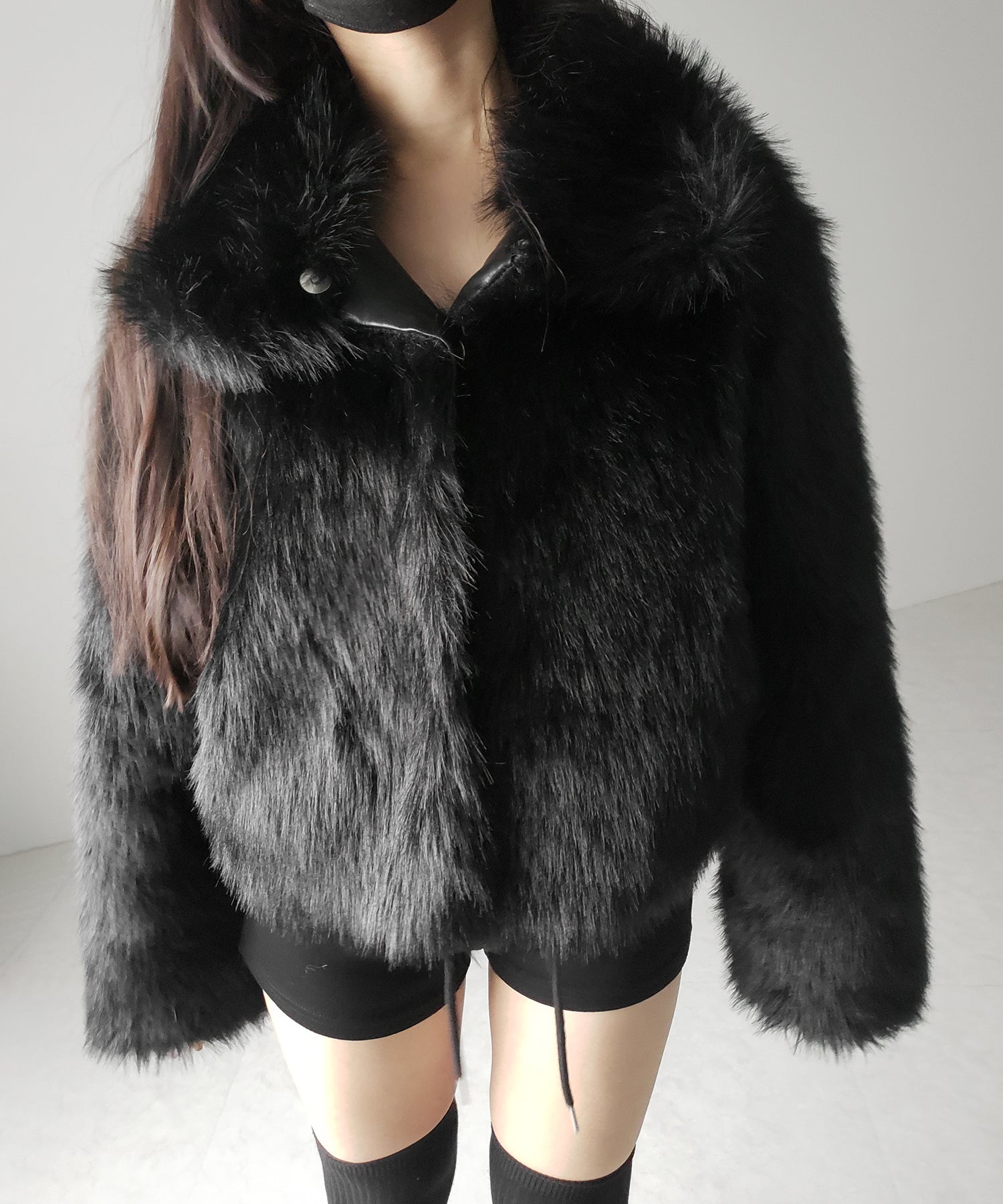 スタンドカラーミックスファーショートコート / stand-collar mix fur short coat