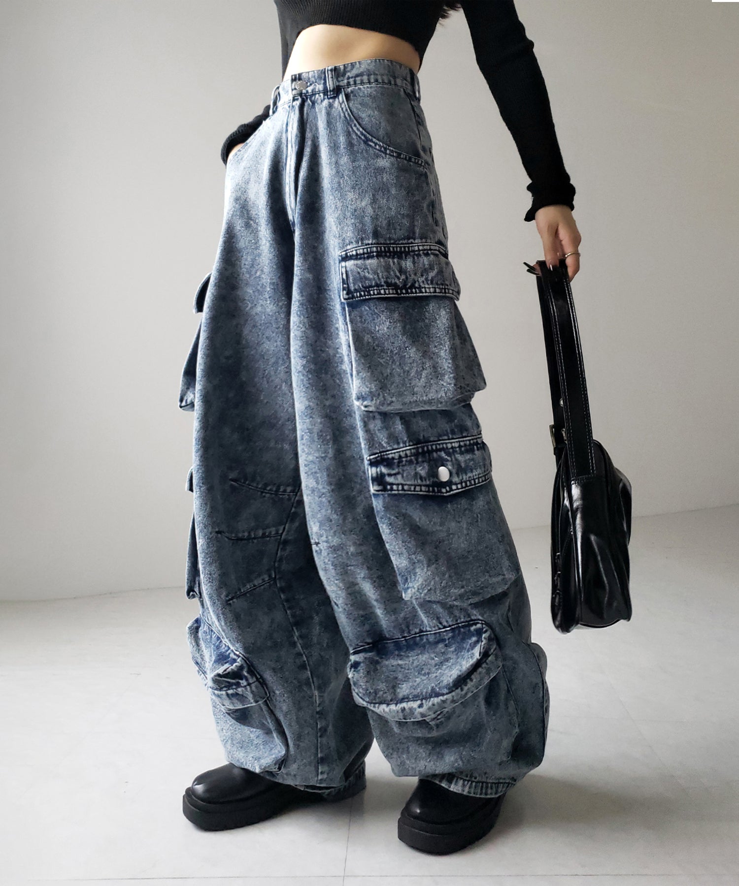 【 デニムセットアップ着用可能 】ヴィンテージケミカルブリーチヘビーワイドカーゴデニム / vintage chemical bleach heavy wide cargo denim
