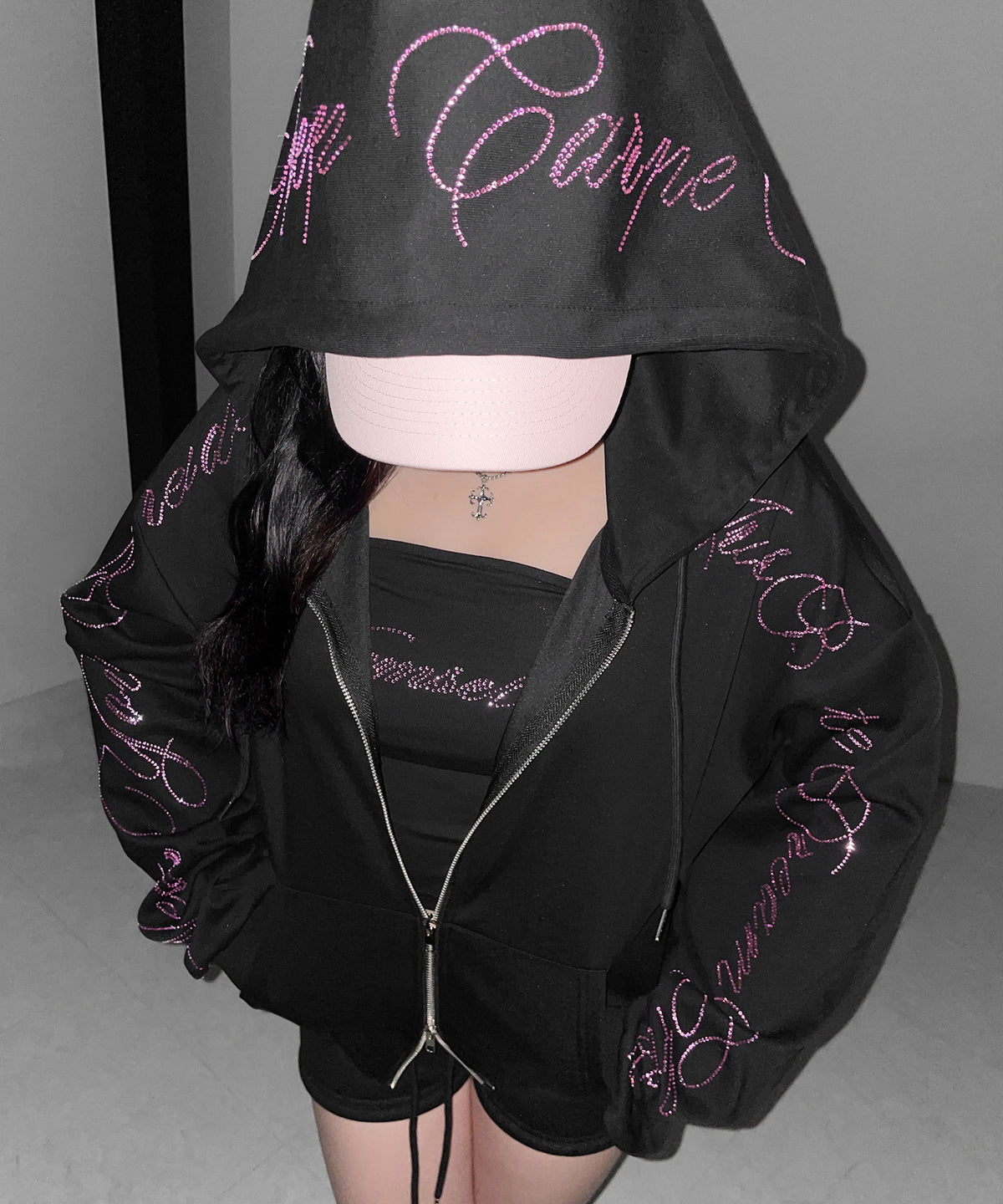 【 セットアップ可能 】ラインストーンロゴダブルジップパーカー / Rhine stone logo double zip hoodie
