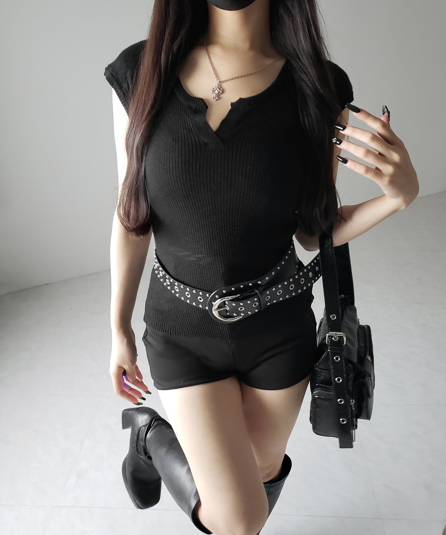 キーネックルーズシアーリブニットトップス / key neck loose sheer rib knit tops