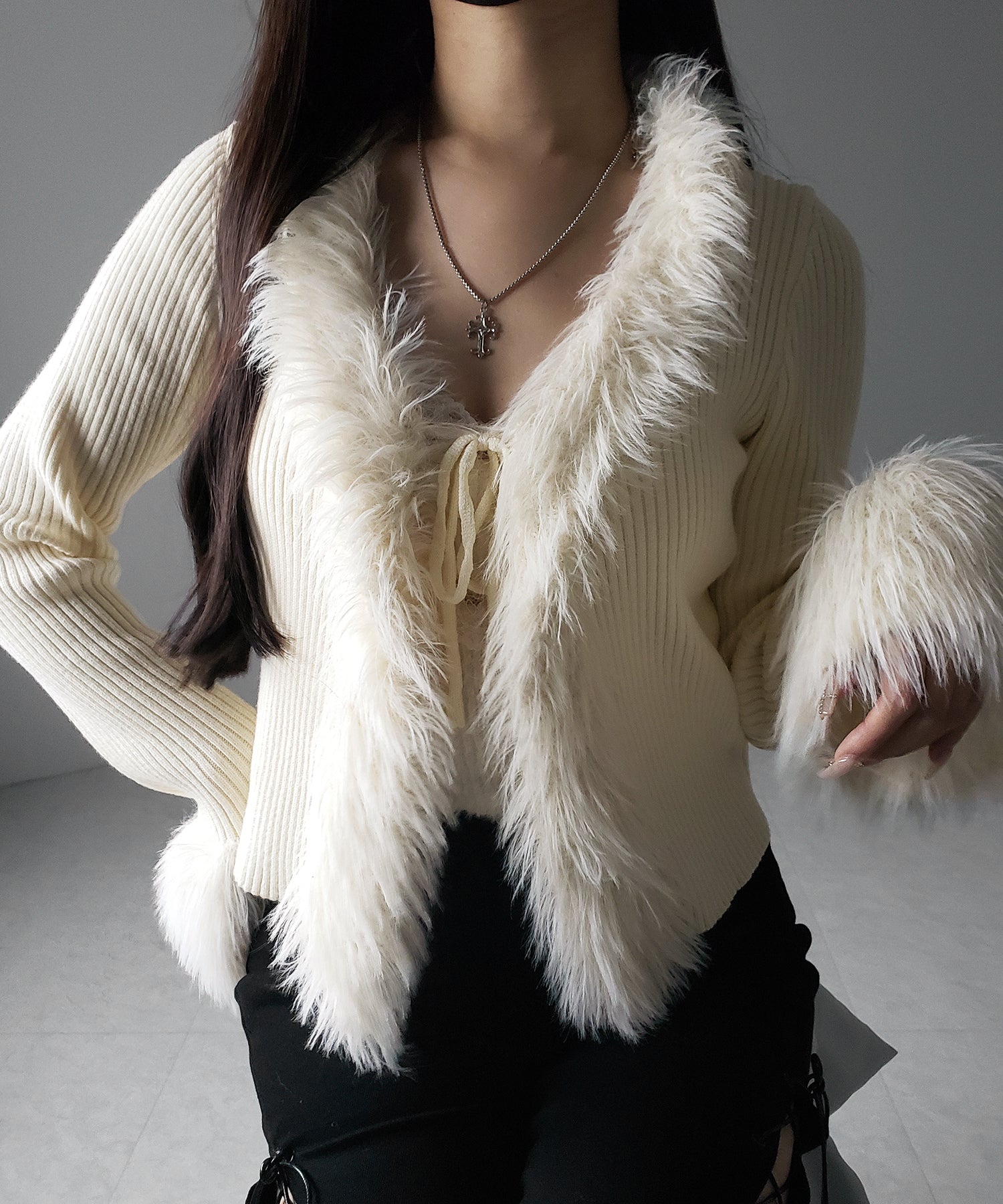 シャギーファードッキングリブニットカーディガン / shaggy fur docking rib knit cardigan