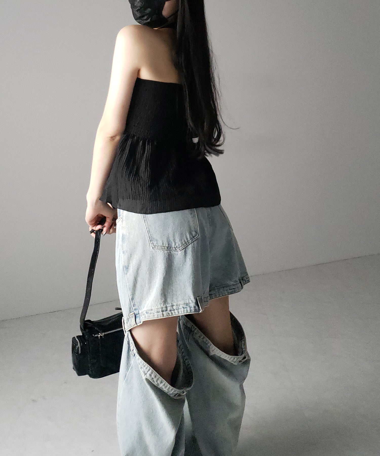【 チョーカータイ付 】シャーリングリボンペプラムシフォンビスチェトップス / choker tie set shirring ribbon peplum chiffon bustier tops