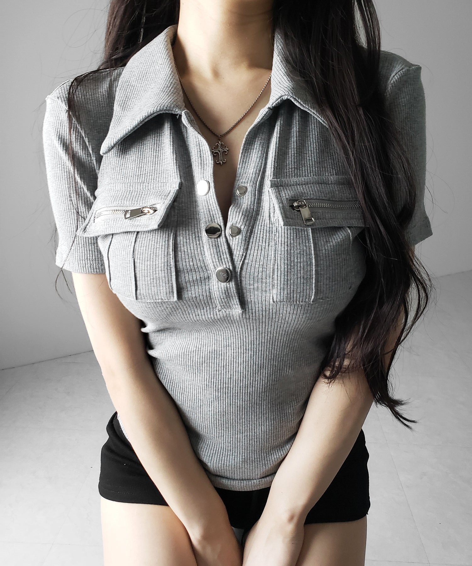アウトポケットポロネックリブカットソートップス / out pocket polo neck rib cutsew tops