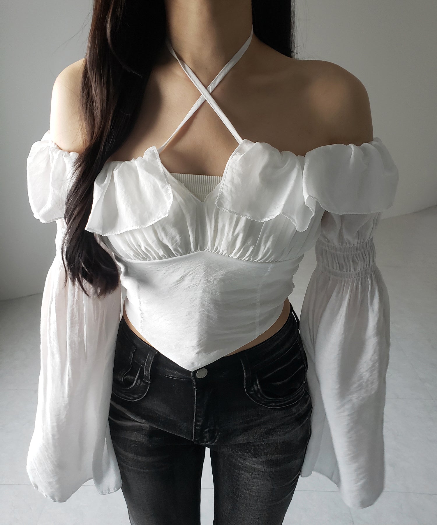 【3WAY 】チョーカーリボンフレアスリーブオフショルブラウス / choker ribbon flare sleeve off-shoulder blouse