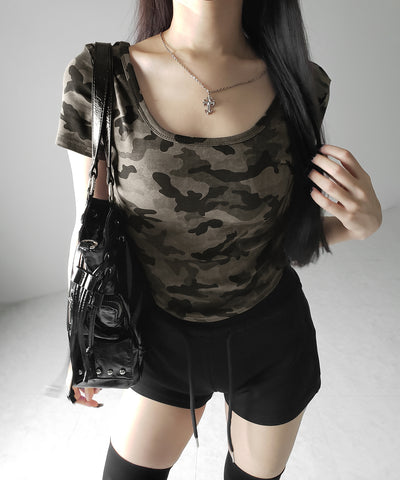 ヴィンテージカモフラスクエアネックショートTシャツ / vintage camouflage square neck short T-shirt