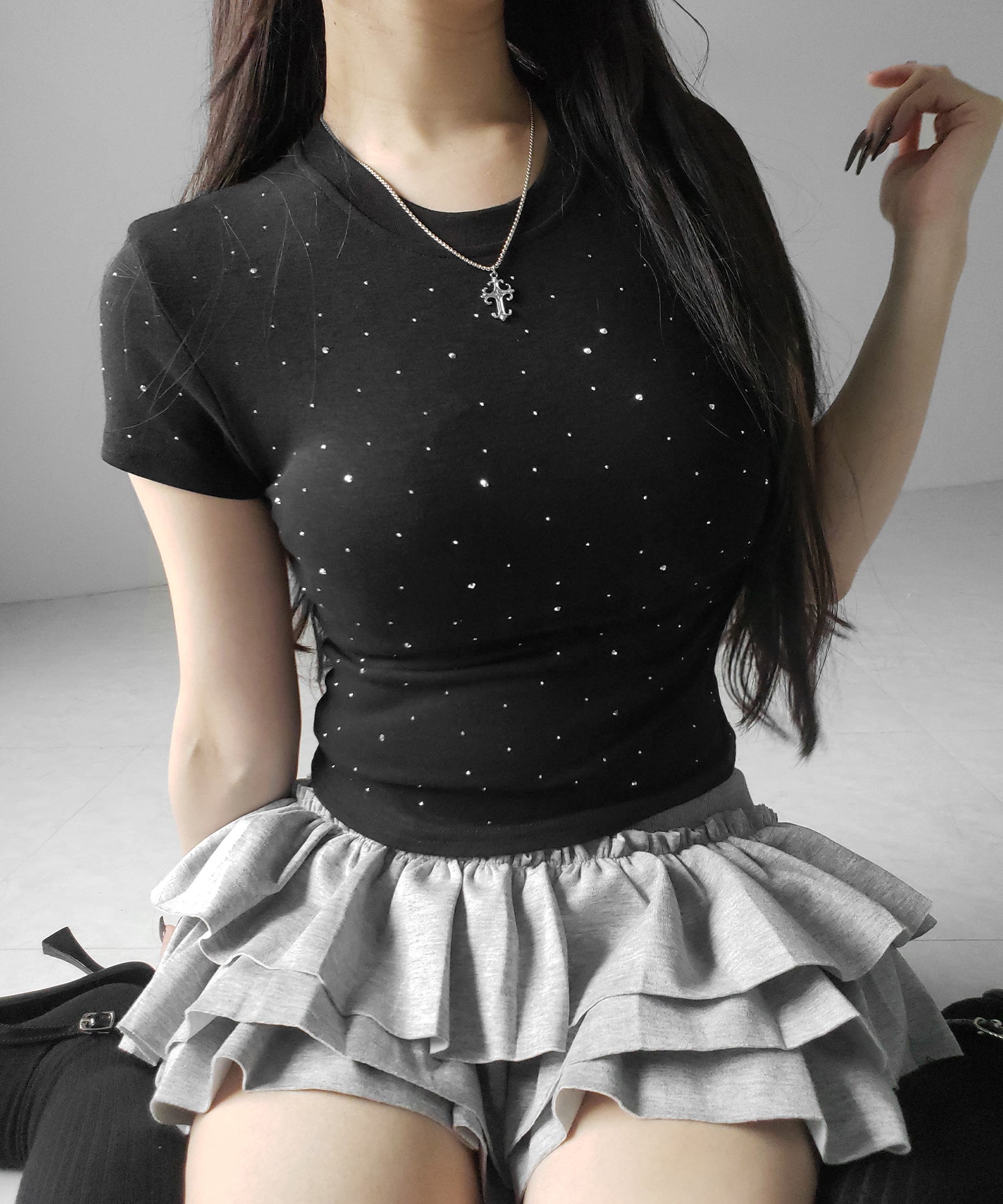 ラインストーン半袖タイトTシャツ / Rhinestone short sleeve tight T-shirt