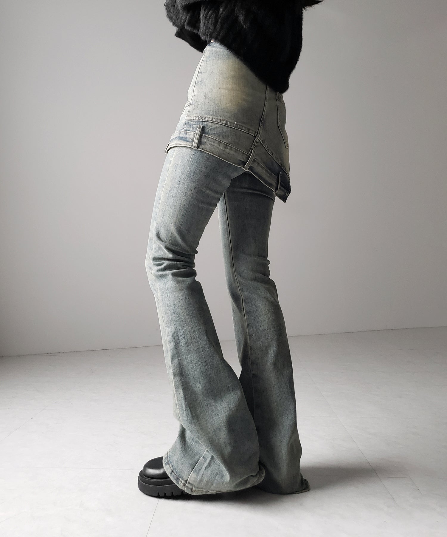【 2color / 4size 】レイヤードウエストヴィンテージフレアデニム /layered waist vintage flare denim
