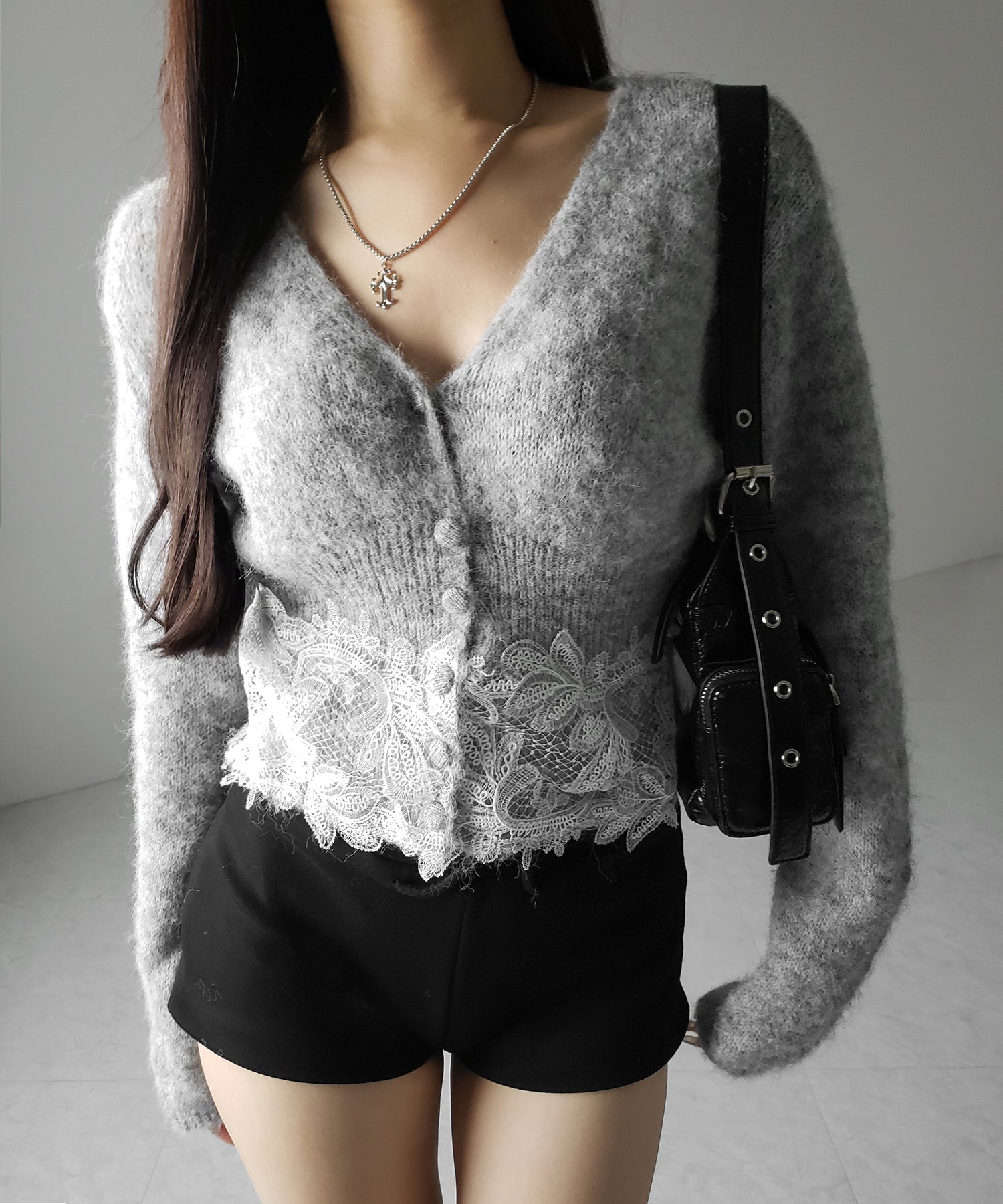 レースドッキングモヘアライクニットカーディガン / Lace docking mohair-like knit cardigan