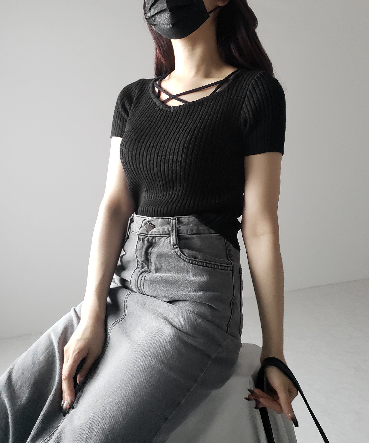 半袖クロスラインストラップデザインリブニット