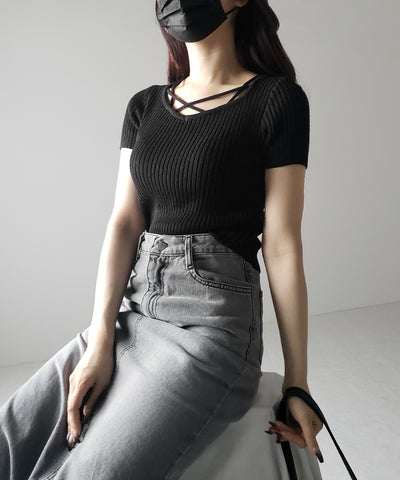 半袖クロスラインストラップデザインリブニット