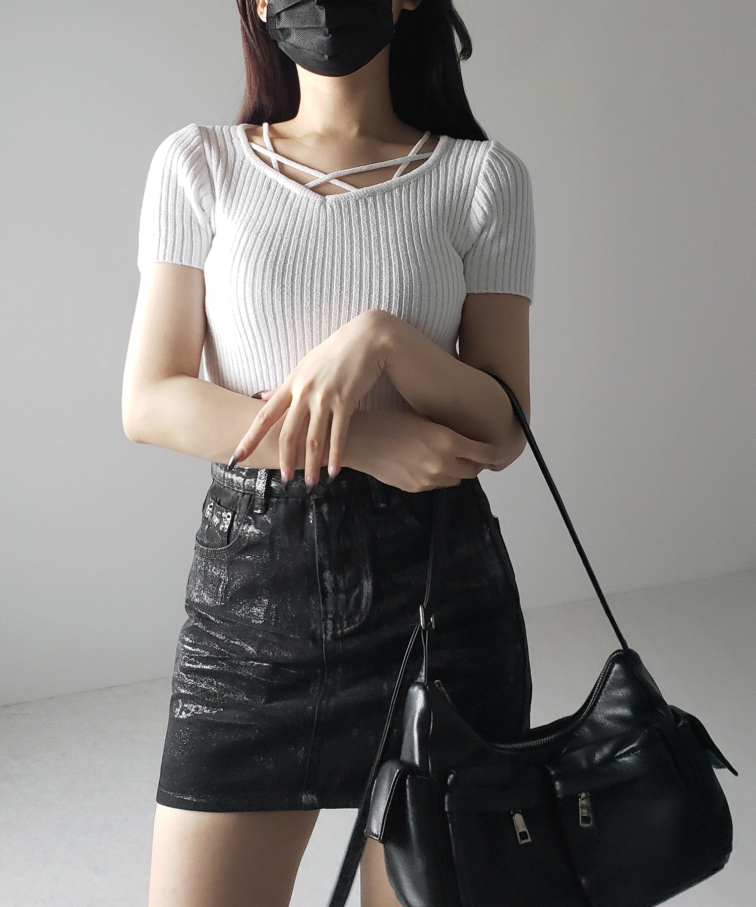 半袖クロスラインストラップデザインリブニット