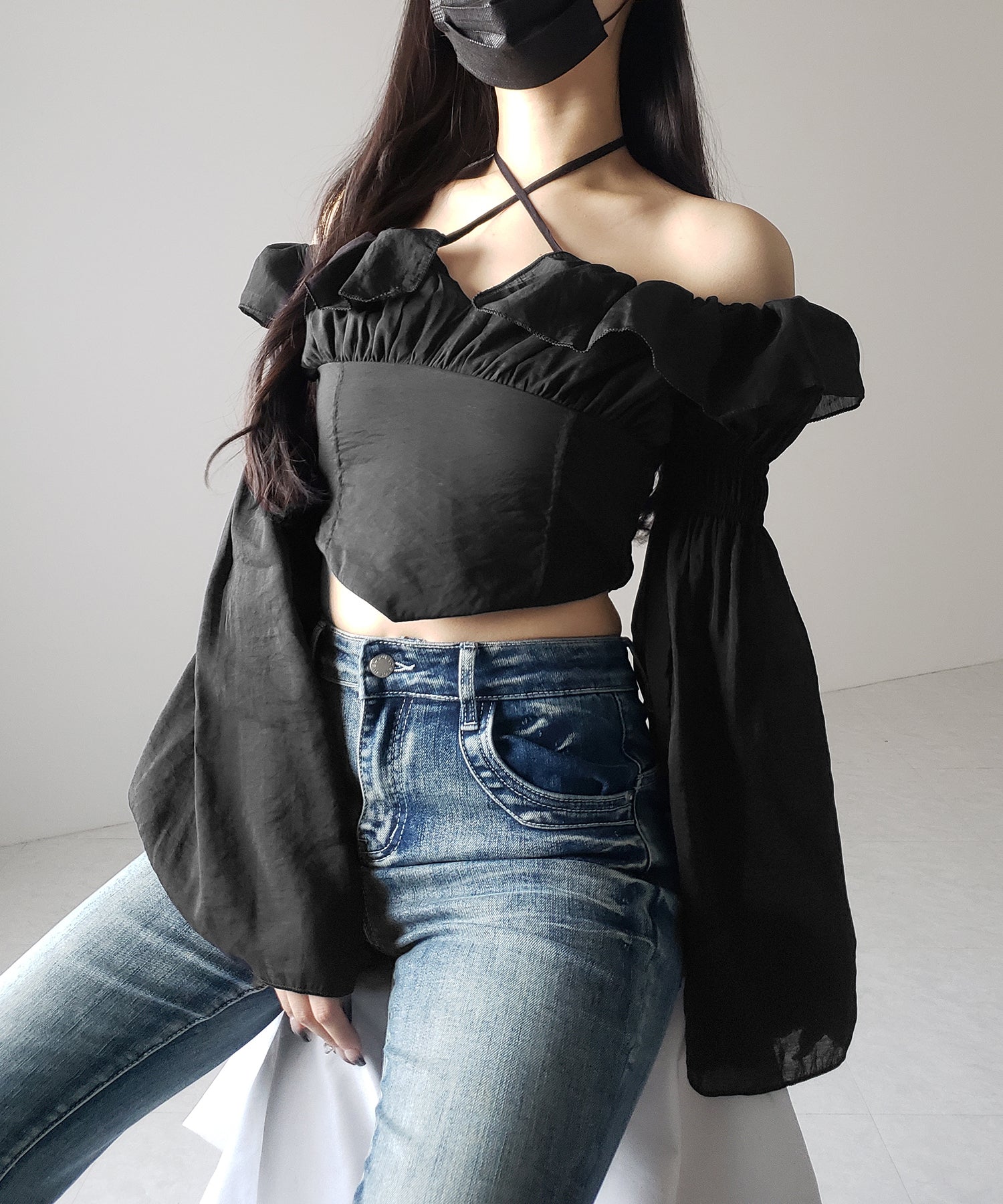 【3WAY 】チョーカーリボンフレアスリーブオフショルブラウス / choker ribbon flare sleeve off-shoulder blouse