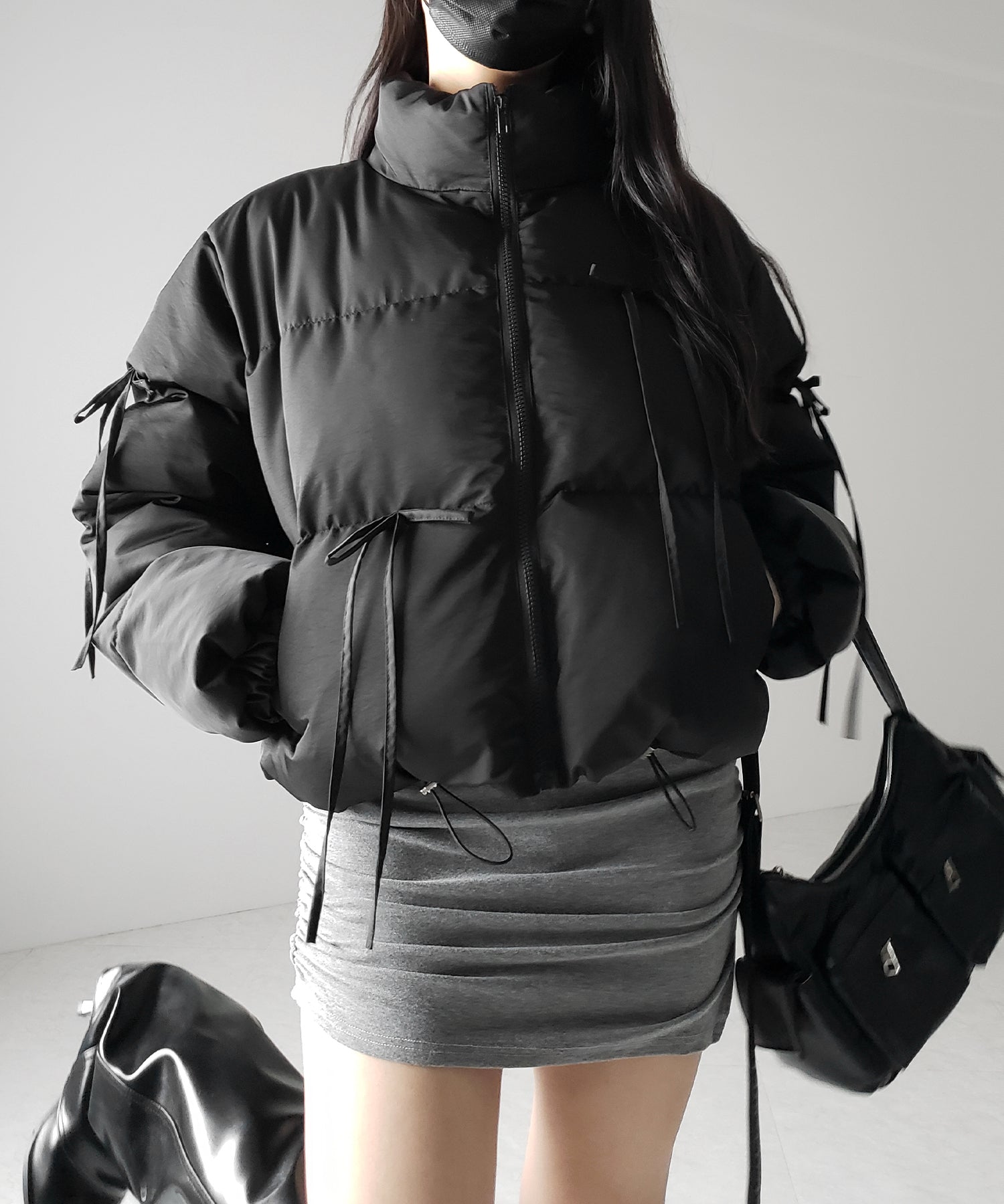 【 裾絞り可能2WAY 】ストラップリボンショートパフダウンジャケット / strap ribbon short puff down jacket