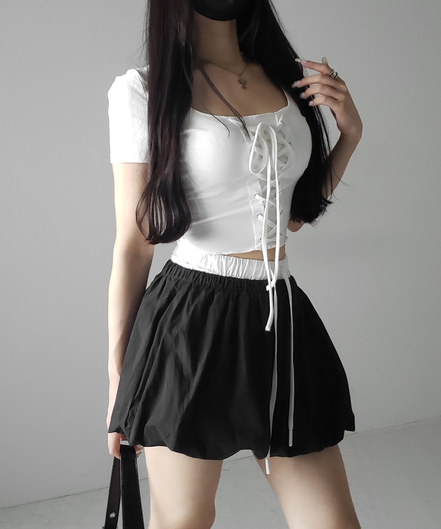 【 2color /インパン裏地付き 】フェイクレイヤードコットンバルーンミニスカート / fake layered cotton balloon mini skirt