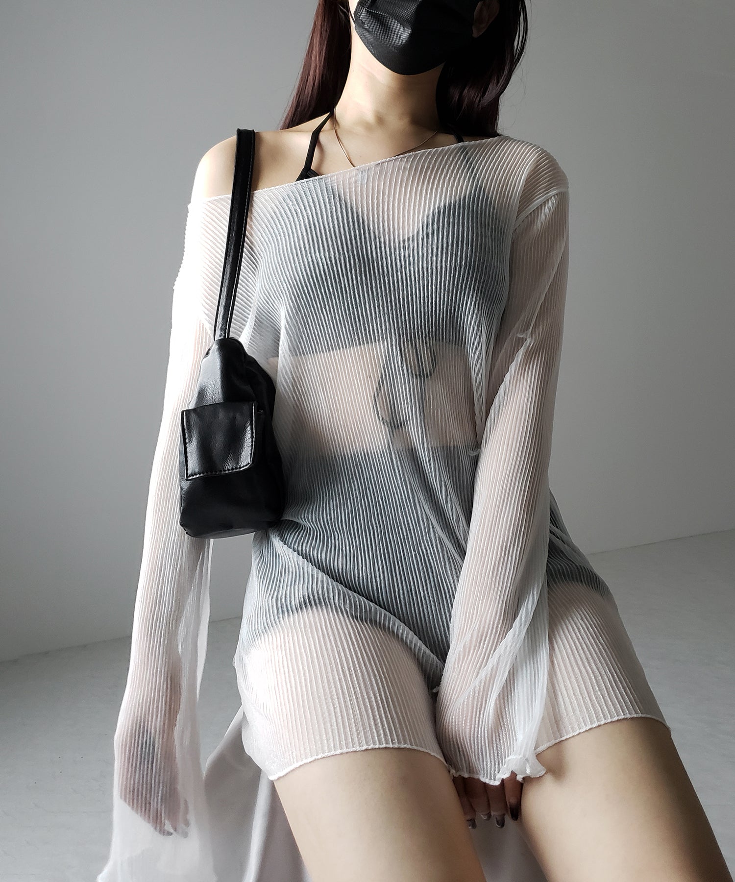 【 レディース水着/3点セット 】シアートップス付き フロントリボンホルターネックハイウエストビキニ / sheer tops set front ribbon halter neck high waist bikini