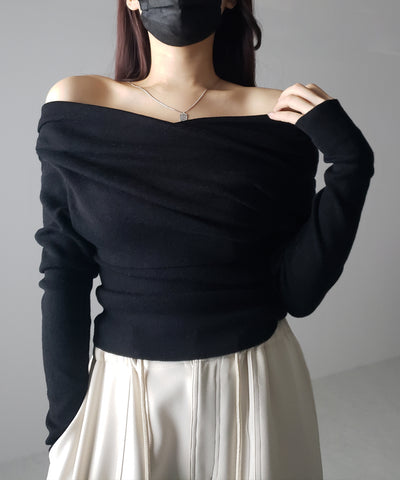 タックデザインドレープオフショルダーリブニット