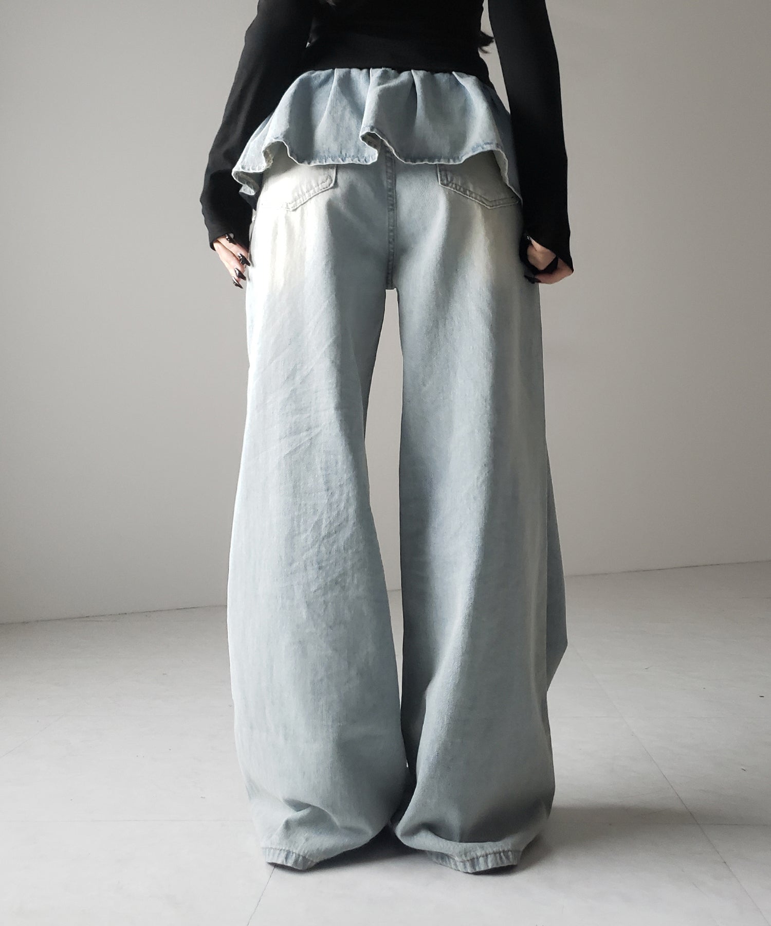 【 2color / 4size 】フリルドッキングレイヤードヴィンテージワイドデニム / frll docking layered vintage wide denim