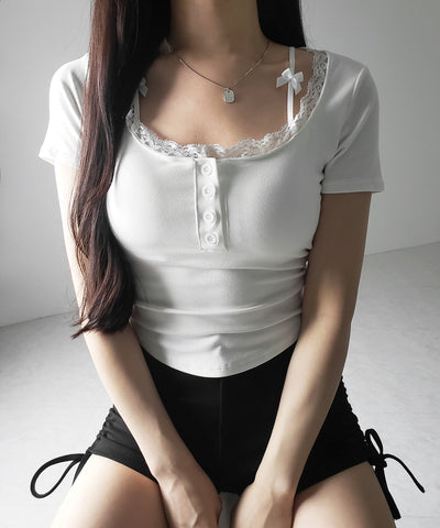ストラップダブルリボンスクエアネックTシャツ / strap double ribbon square neck T-shirt