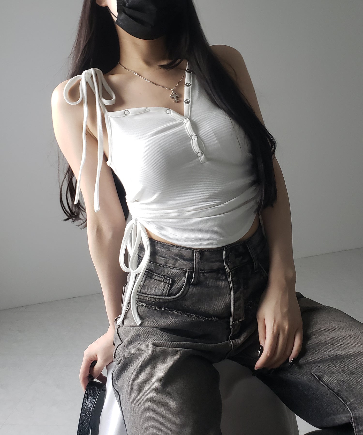 ショルダーリボンシャーリングキャミタンクトップ/ shoulder ribbon shirring cami tank top