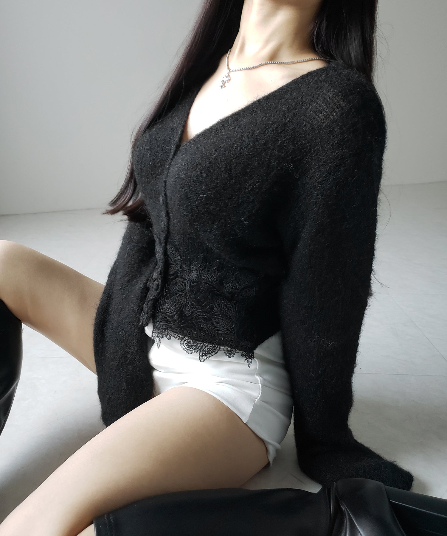 レースドッキングモヘアライクニットカーディガン / Lace docking mohair-like knit cardigan