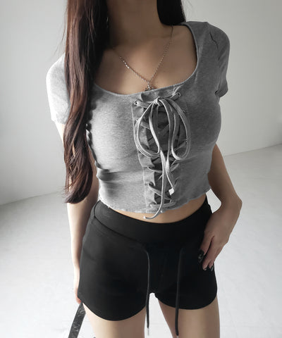 レースアップフロントリボン半袖ショートTシャツ / lace up front ribbon short sleeve short slim T-shirt