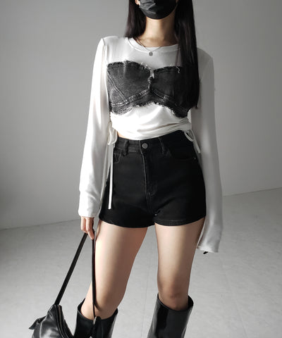サイドリボンダメージデニムドッキングTシャツ / side ribbon damage denim docking Tee