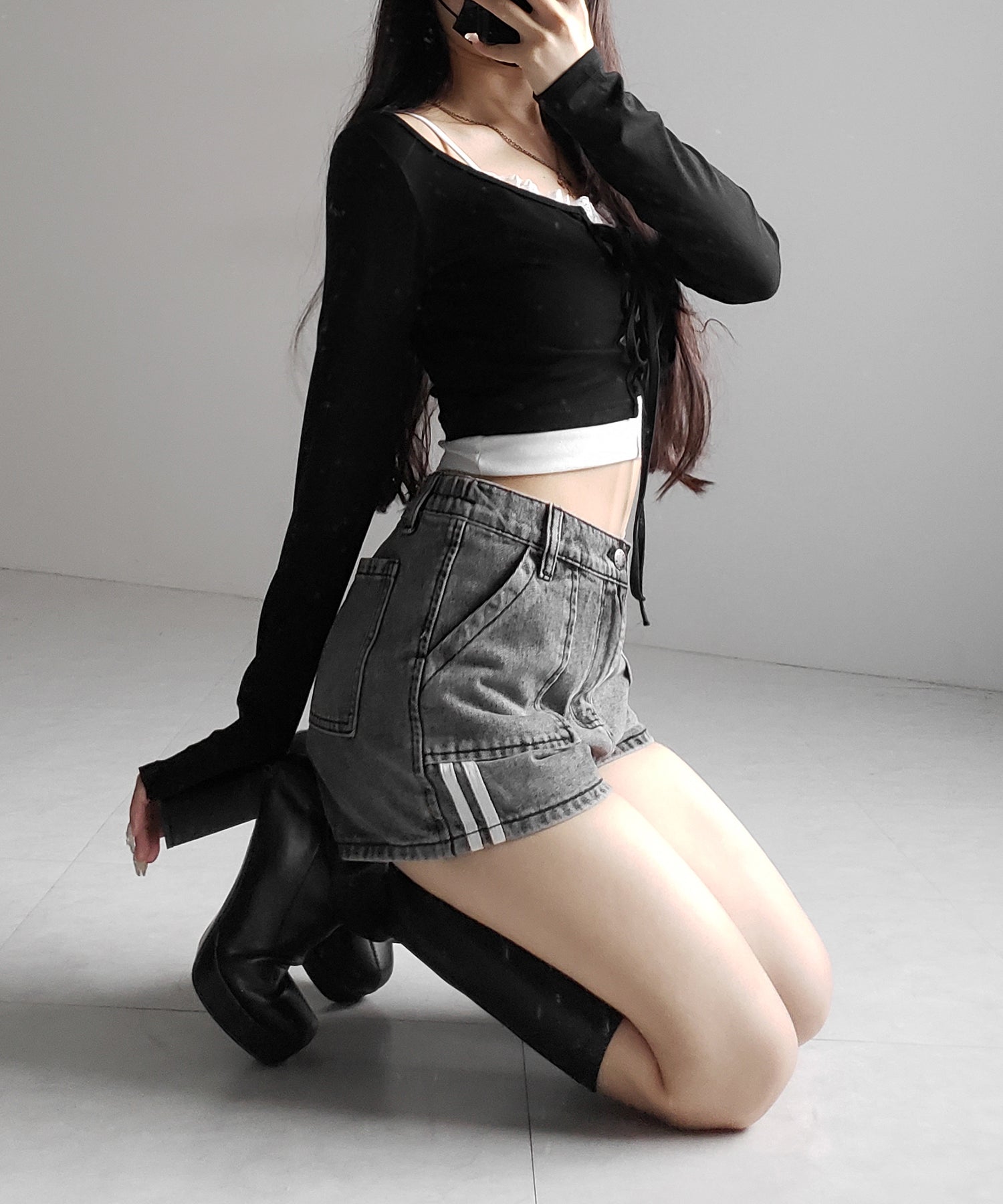 【 2color 】サイドラインハイウエストデニムショートパンツ / sideline highwaist denim short pants