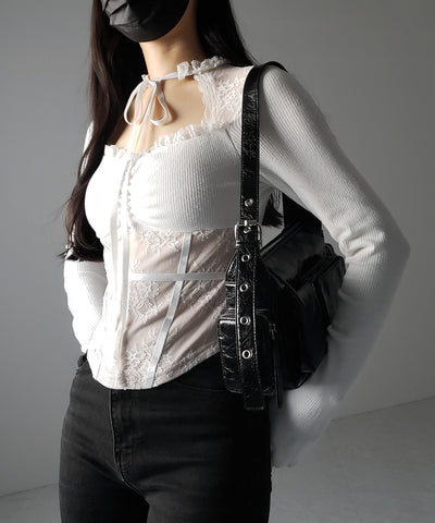 チョーカーネックリボンレーシーカットソートップス / choker neck ribbon lacy cutsaw tops