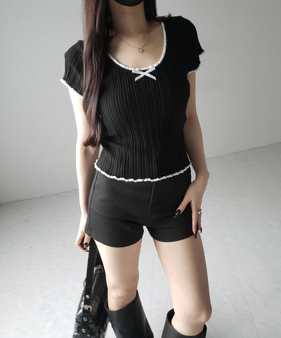 ミニリボンオープンネック半袖ニットトップス / mini ribbon open neck short sleeve knit tops