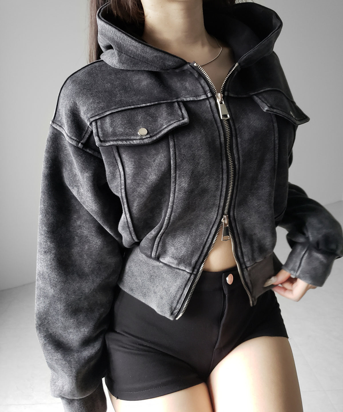 ピグメントダブルジップショートパーカー / pigment double zip short hoodie