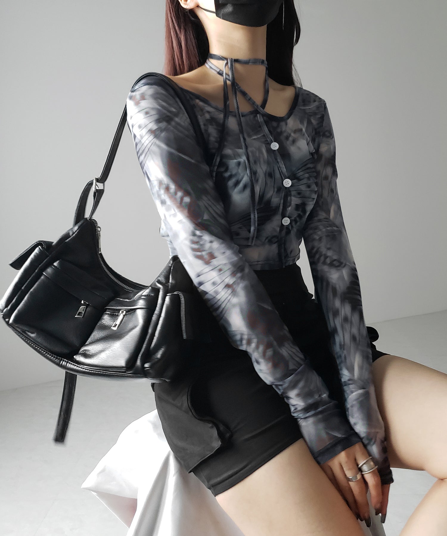 【 3color / 2WAY 】クロスストラップリボンシアーショートカーディガン / cross strap ribbon sheer short cardigan