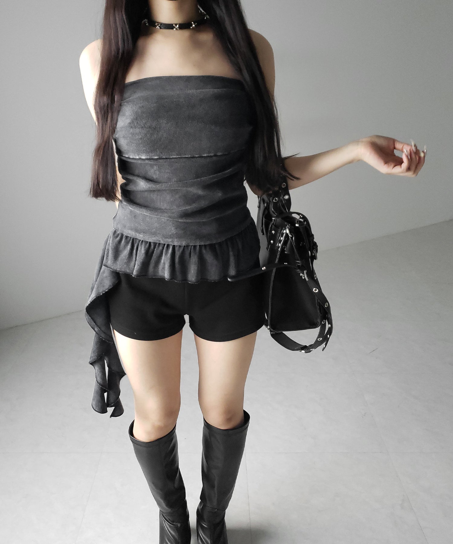 【 2color 】ヴィンテージピグメントフリルベアトップス / vintage pigment frill bare tops