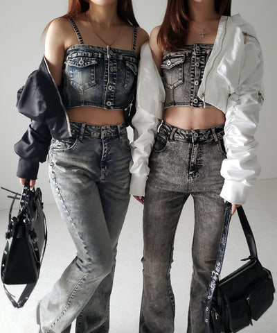 【 セットアップ 】ヴィンテージライクデニムビスチェ + ストレッチフレアデニム SET / 【 SET UP 】 vintage like denim bustier + stretch flare denim