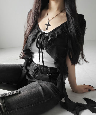 ダメージフリル半袖ショートリボンカーディガン / damage frill short sleeve short ribbon cardigan