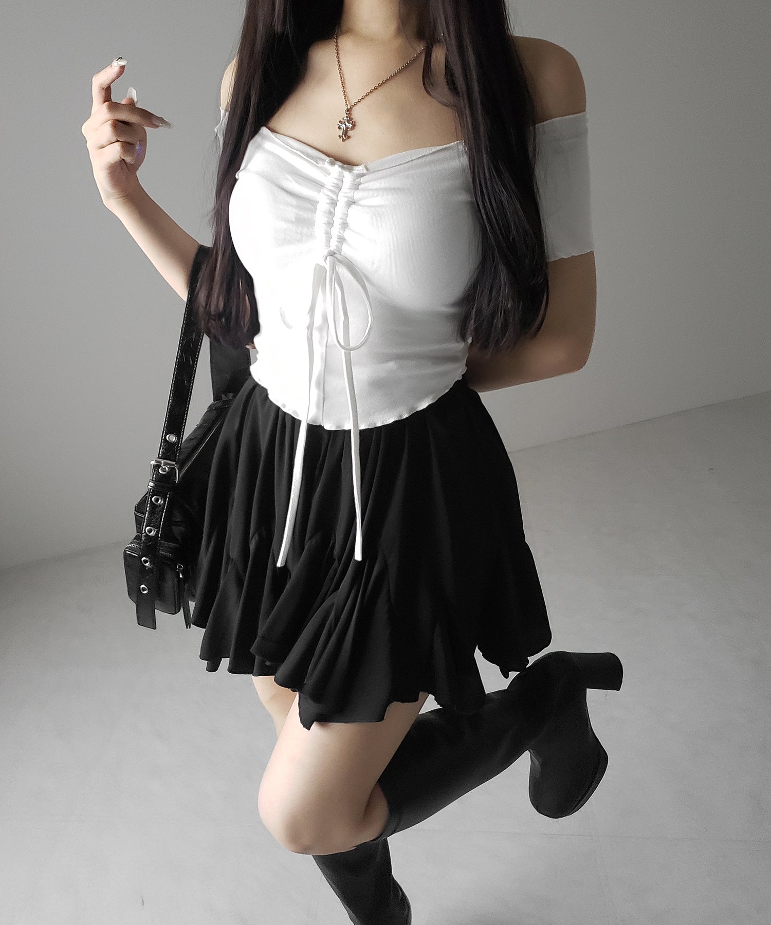 【 2color /インパン裏地付き 】ハイウエストドレープフレアミニスカート / high waist draped flare mini skirt