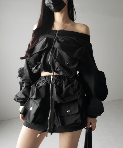 【 セットアップ 】アウトポケットオフショルカーゴブルゾン & ダブルジップカーゴミニスカート SET / out pocket off shoulder cargo blouson & double zip cargo mini skirt SET