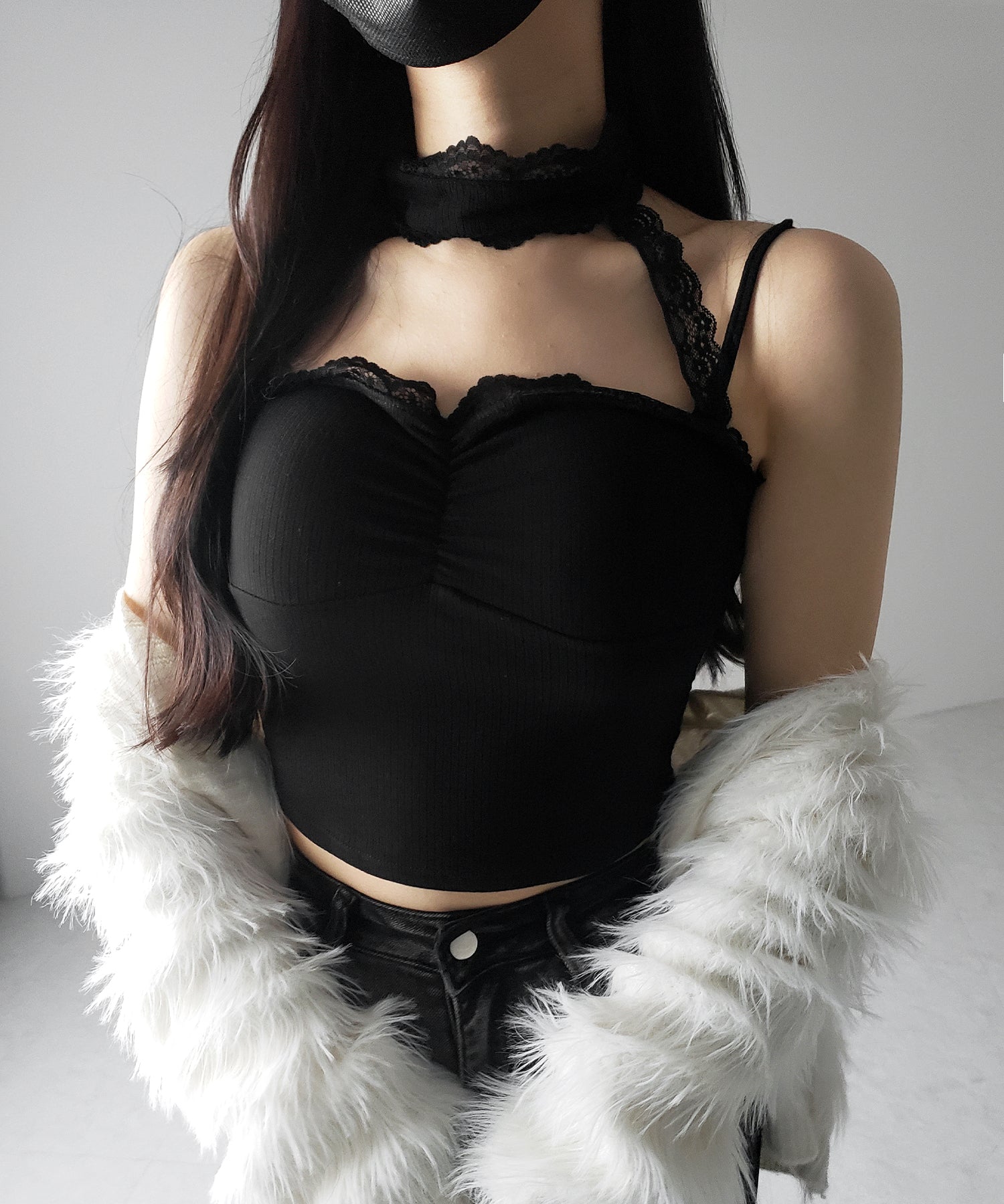 【 カップ付 】レースチョーカーストラップリブキャミソール / lace choker strap lib camisole